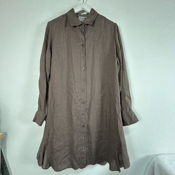 Finley Womens Linen Shirt Dress Large Brown Button-Down Long Sleeve Lightweight - Picture 1 of 9